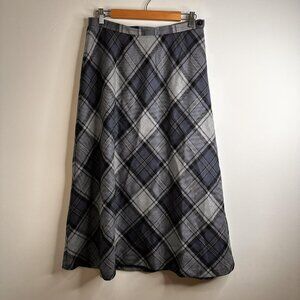 Talbots Midi Maxi Wool Skirt Sz 12 Petite Blue Gray Plaid Academia Made USA